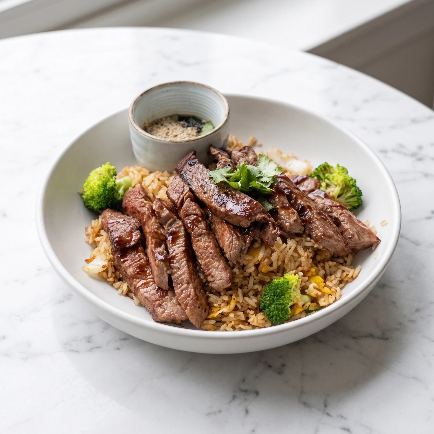 Grilled beef over Thai fried rice, served in a white bowl